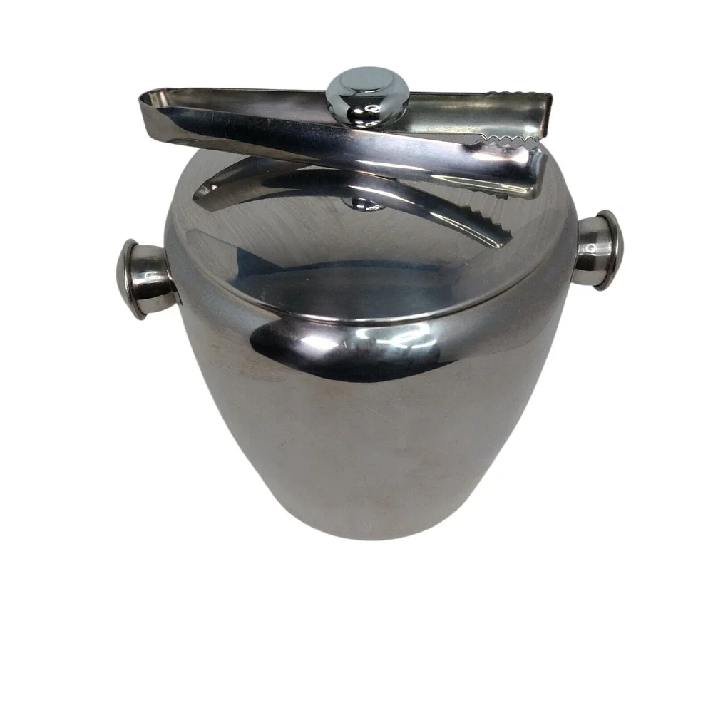 Vintage Stainless‎ Steel Ice Bucket Lidded With Tongs Mid Century Modern MCM